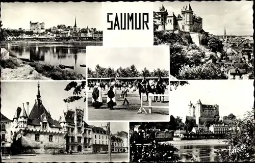 Ak Saumur Maine et Loire, Carrousel militaire, le Chateau, Hotel de Ville, bords de la Loire