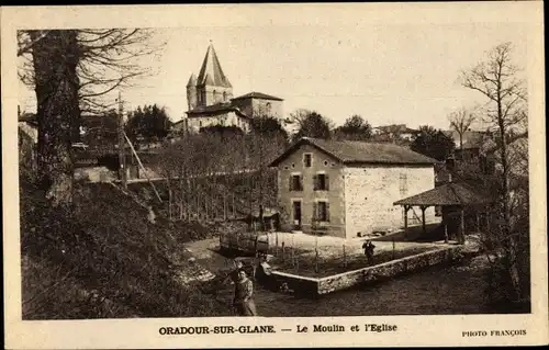 Ak Oradour sur Glane Haute Vienne, Le moulin et l'Église