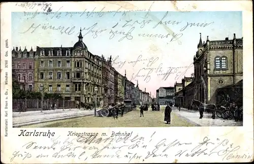 Ak Karlsruhe in Baden Württemberg, Kriegstraße mit Bahnhof