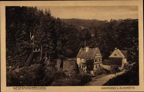 Ak Niedermanderscheid Manderscheid in der Eifel Rheinland Pfalz, Junkerhaus und Blockhütte