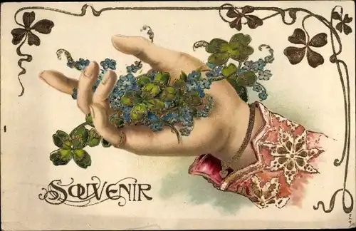 Präge Litho Frauenhand mit Kleeblättern, Vergissmeinnicht