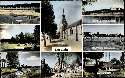 Ak Onzain Loir et Cher, Église, Plage, Camping, Cisse, Marché, Château