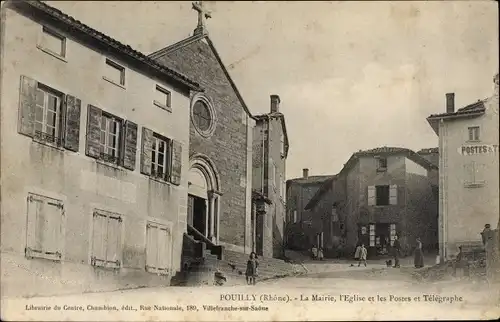 Ak Pouilly Rhône, La Mairie, l'Église et les Postes et Télégraphes