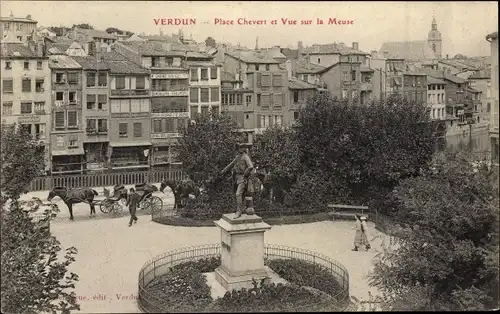 Ak Verdun Lothringen Meuse, Place Chevert et vue sur la Meuse, Denkmal