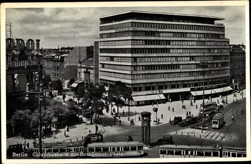 Ak Berlin Tiergarten, Columbushaus am Potsdamer Platz, Straßenbahn