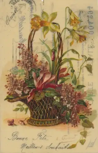 Zelluloid Ak Glückwunsch, Blumenkorb