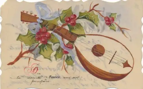 Zelluloid Ak Glückwunsch Neujahr, Laute, Stechpalme