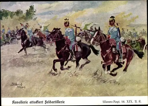 Künstler Ak Döbrich Steglitz, Kavallerie attackiert Feldartillerie, Ulanen Regiment 18