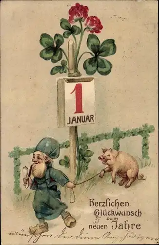 Präge Litho Glückwunsch Neujahr, Zwerg, Schwein, Kalender, Kleeblätter