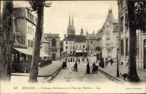 Ak Moulins Allier, Avenue Nationale, Place du Theatre