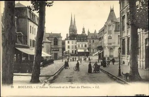 Ak Moulins Allier, Avenue Nationale, Place du Theatre