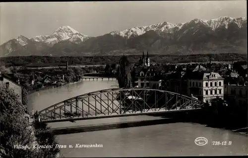 Ak Villach in Kärnten, Drau, Karawanken, Brücke, Stadtansicht