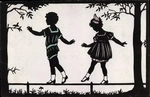 Scherenschnitt Ak Junge und Mädchen balancieren auf einem Zaun, Meissner Buch 2508