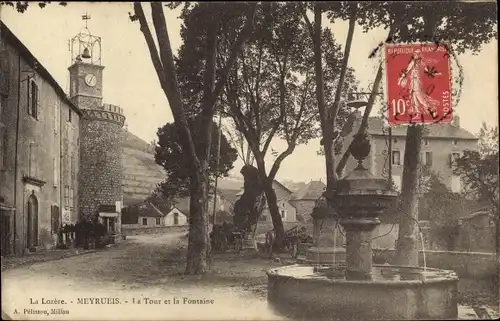 Ak Meyrueis Lozère, La Tour et la Fontaine