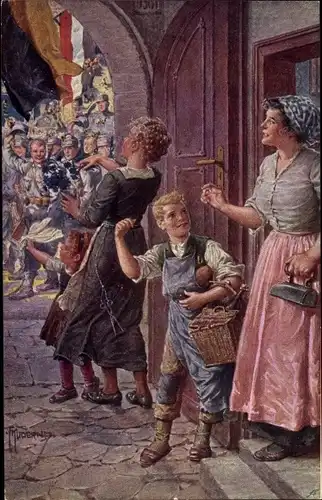 Künstler Ak Kuderna, Franz, Soldaten, Frau, Kinder, Bügeleisen, Deutscher Schulverein Nr. 811
