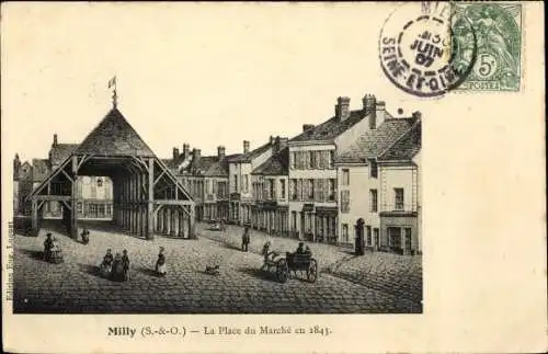 Ak Milly Essonne, La Place du Marché en 1843