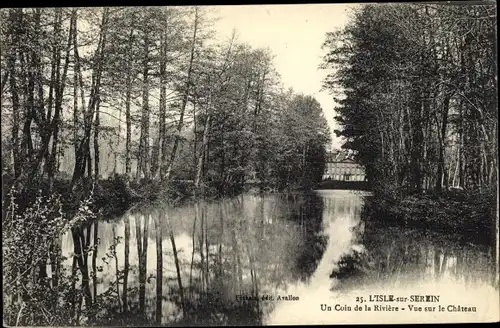 Ak L'Isle sur Serein Yonne, Un Coin de la Riviere, vue sur le Chateau