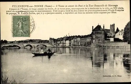 Ak Villeneuve sur Yonne, L'Yonne en amont du Pont et la Tour Bonneville de Marsangy