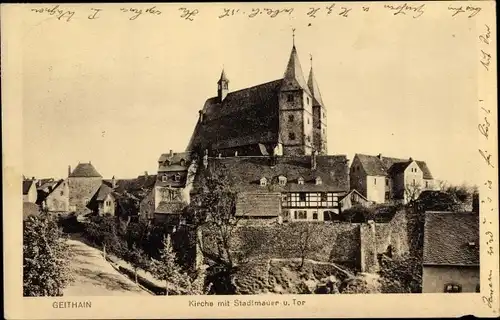 Ak Geithain in Sachsen, Kirche mit Stadtmauer und Tor