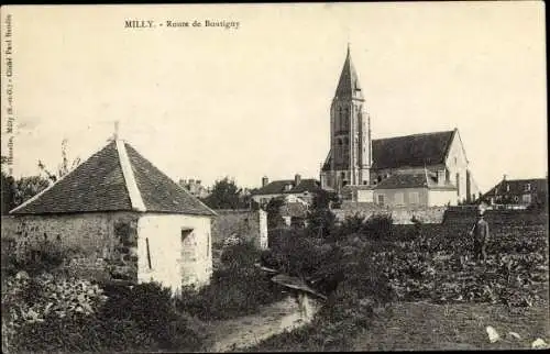 Ak Milly Essonne, Route de Boutigny, Kirche, Feld