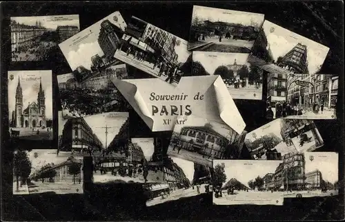 Ak Paris XI., Miniaturansichten, Kirche, Straßenpartien