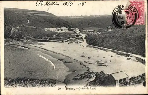 Ak Jersey Kanalinseln, Greve de Lecq, Strandpartie, Gebäude