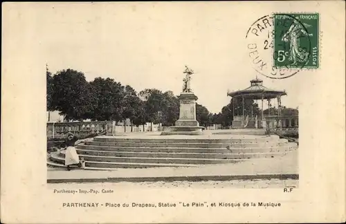 Ak Parthenay Deux Sèvres, Place du Drapeau, Le Pain, Kiosque de la Musique