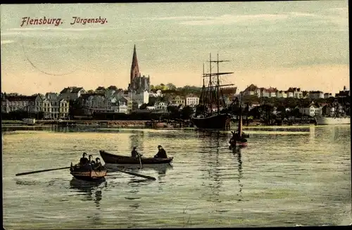 Ak Jürgensby Flensburg in Schleswig Holstein, Blick auf den Ort, Segelschiff, Ruderboote