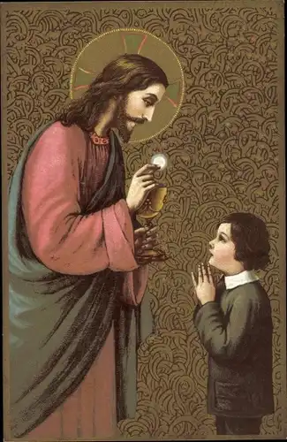 Künstler Ak Jesus mit betendem Jungen, Kommunion