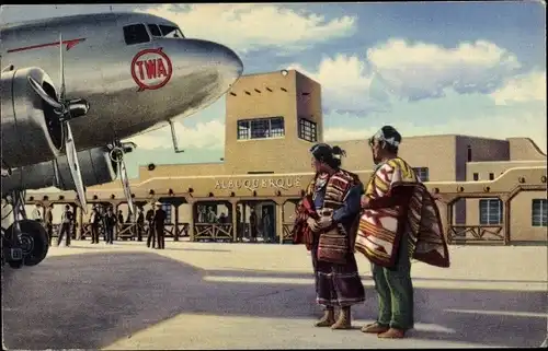 Ak Albuquerque New Mexico USA, Municipal Airport, TWA Stratoliner being inspected by Navajo Indians