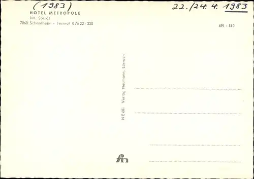 Ak Schopfheim im Kreis Lörrach Baden Württemberg, Hotel Metropole