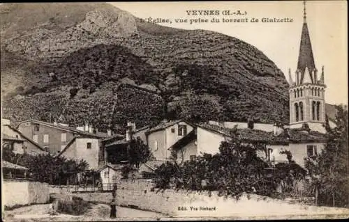 Ak Veynes Hautes Alpes, Eglise, vue prise du torrent de Glaizette