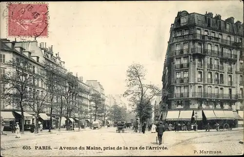 Ak Paris XV., Avenue du Maine, prise de la rue de l'Arrivee