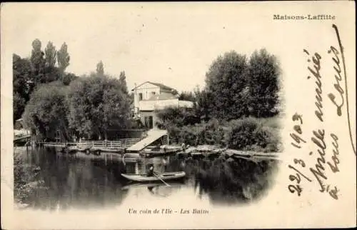 Ak Maisons Laffitte Yvelines, Un coin de l'Ile, les Bains, Ruderboot