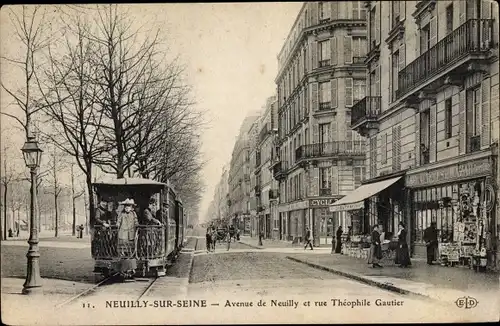 Ak Neuilly sur Seine Hauts de Seine, Avenue de Neuilly et Rue Théophile Gautier, Tramway