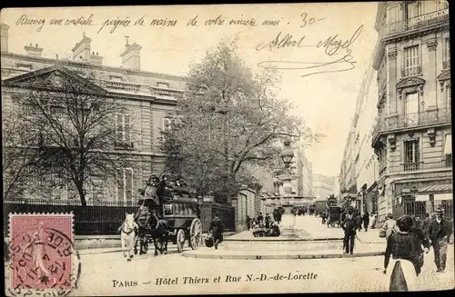 Ak Paris IX., Hotel Thiers et Rue Notre Dame de Lorette