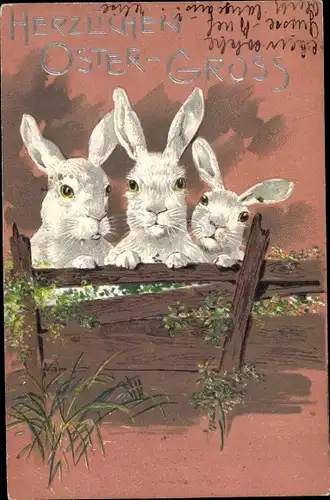 Litho Glückwunsch Ostern, Drei weiße Hasen