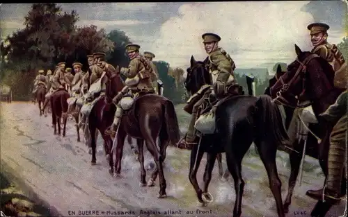 Künstler Ak Hussards Anglais allant au front, Englische Soldaten zu Pferd auf dem Weg zur Front