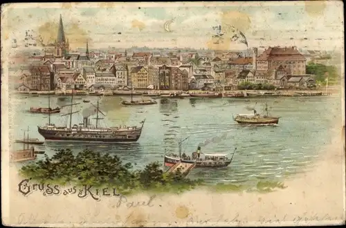 Litho Kiel in Schleswig Holstein, Panorama mit Schiffen, Dampfern