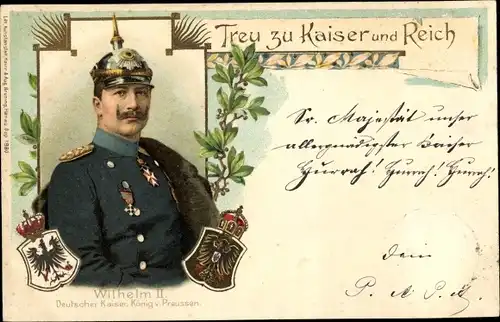 Präge Wappen Ak Kaiser Wilhelm II., Treu zu Kaiser und Reich