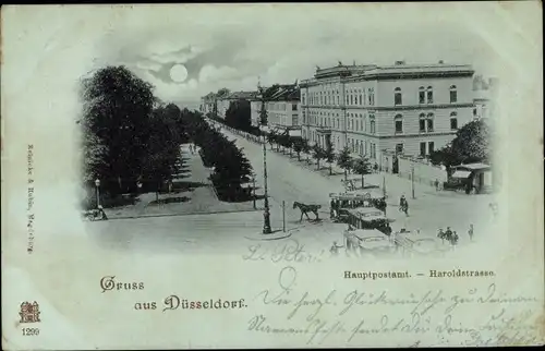Mondschein Ak Düsseldorf am Rhein, Hauptpostamt, Haroldstraße