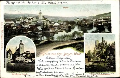Ak Regen im Bayerischen Wald, Totalansicht, Markt, Ruine Weißenstein