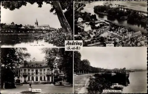 Ak Andresy Yvelines, Vue prise de l'Ile, Eglise, Avenue Fin de l'Oise, Mairie