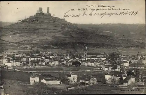 Ak St. Céré, Vue générale et les Tours St. Laurent