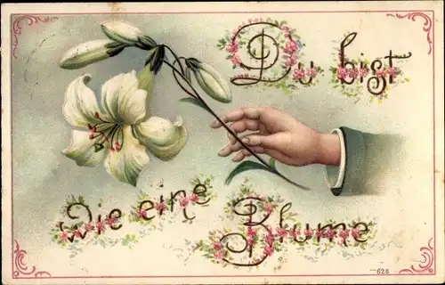 Litho Du bist wie eine Blume, Männerhand, Lilie