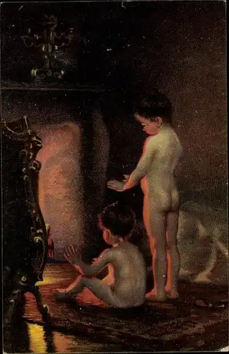 Künstler Ak Peel, Paul, Nach dem Bade, Kinder wärmen sich am Kamin, Stengel 29163