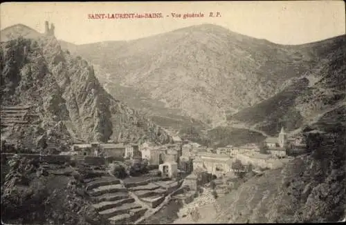 Ak Saint Laurent les Bains Ardèche, Vue générale, Blick auf den Ort, Ruine