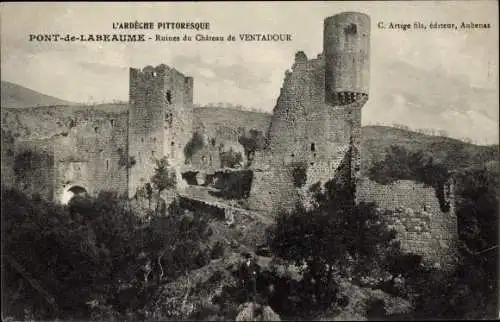 Ak Pont de Labeaume Ardèche, Ruines du Chateau de Ventadour