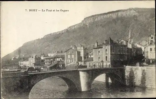 Ak Bort Corrèze, Le Pont et les Orgues, Brücke, Häuser