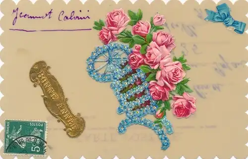Zelluloid Ak Glückwunsch, Blumen, Kitsch